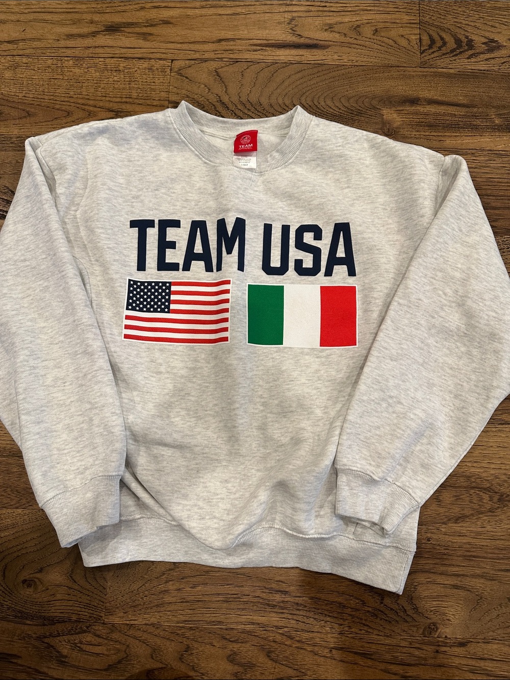 Us Olympic Team Team Apparel Gray Crewneck With Team Usa Usa And Italy Flags